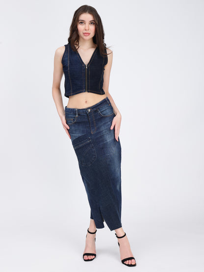 Dark Blue Front Zipper Crop Denim Top