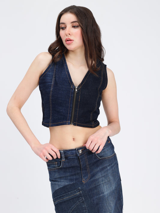 Dark Blue Front Zipper Crop Denim Top