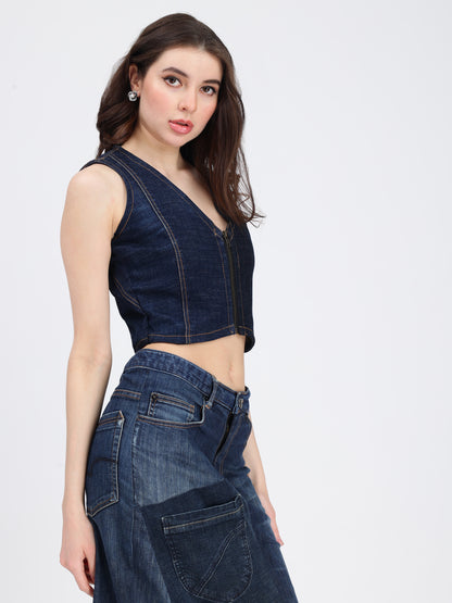 Dark Blue Front Zipper Crop Denim Top