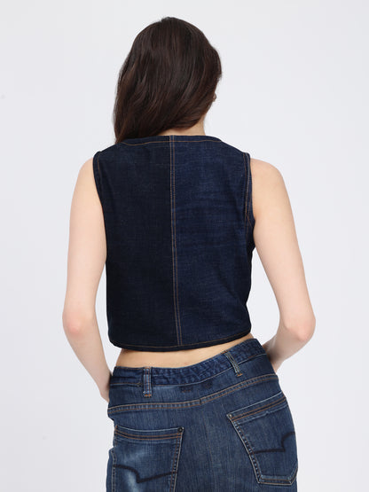 Dark Blue Front Zipper Crop Denim Top