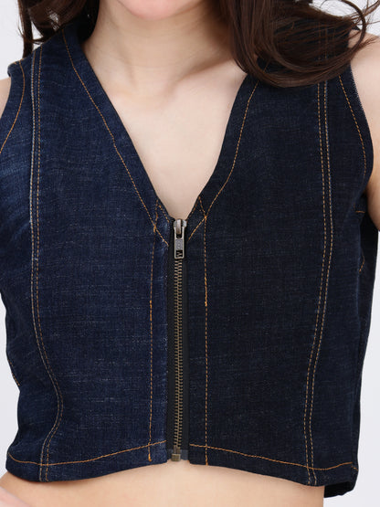 Dark Blue Front Zipper Crop Denim Top