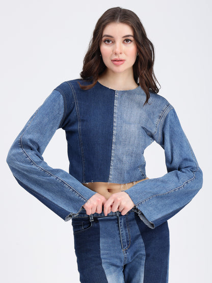 Round Neck Blue Denim Top