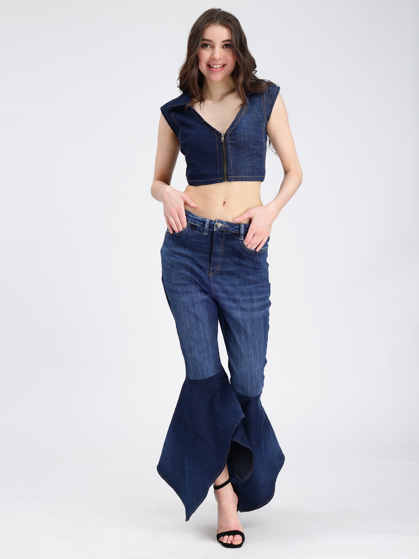 Front Zipper Dark Blue Denim Collar Top