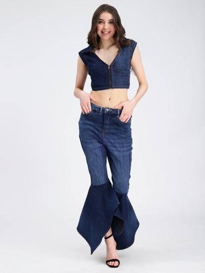 Front Zipper Dark Blue Denim Collar Top