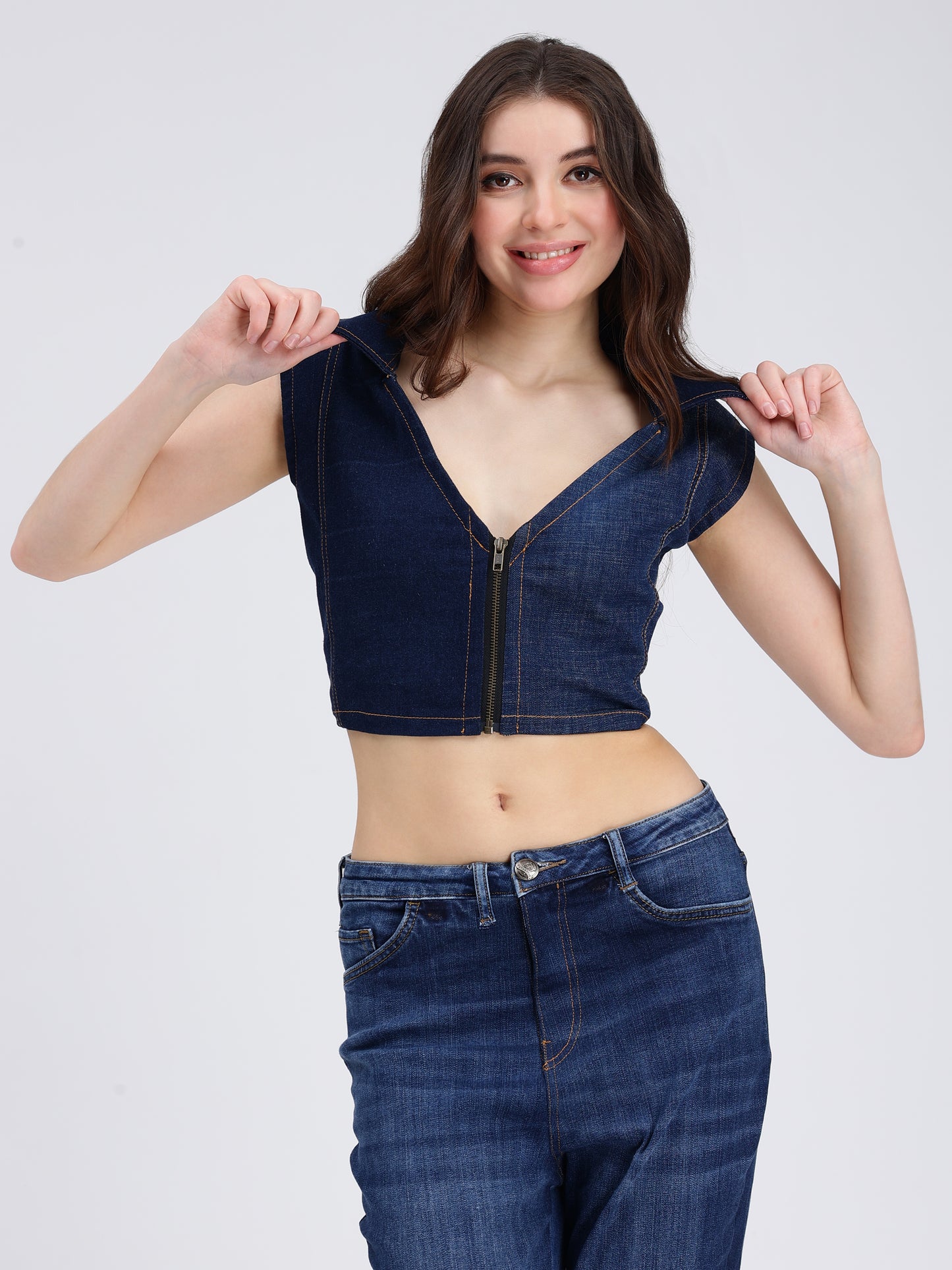 Front Zipper Dark Blue Denim Collar Top