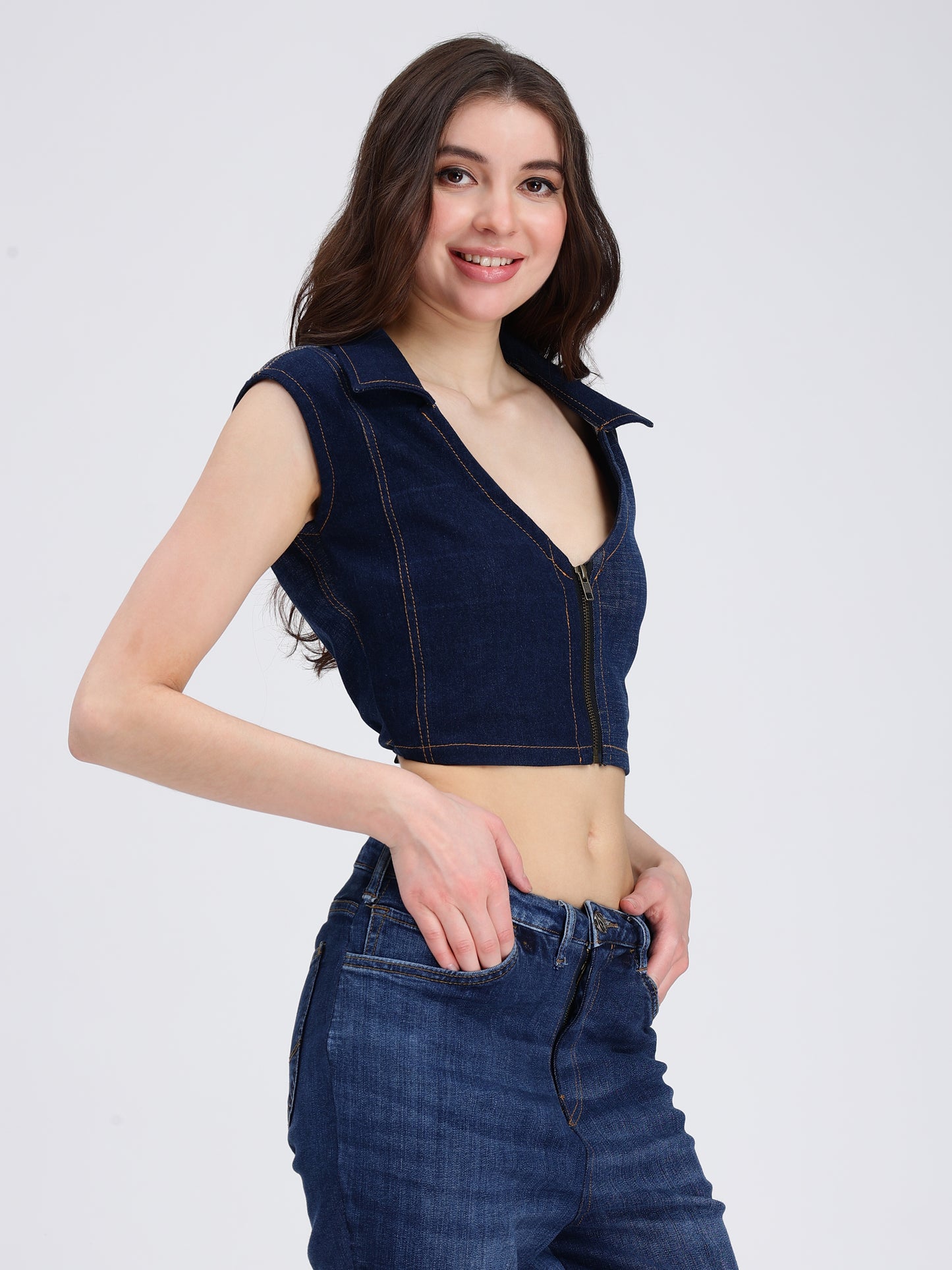 Front Zipper Dark Blue Denim Collar Top