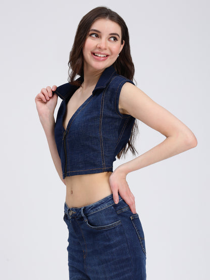 Front Zipper Dark Blue Denim Collar Top