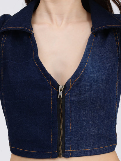 Front Zipper Dark Blue Denim Collar Top