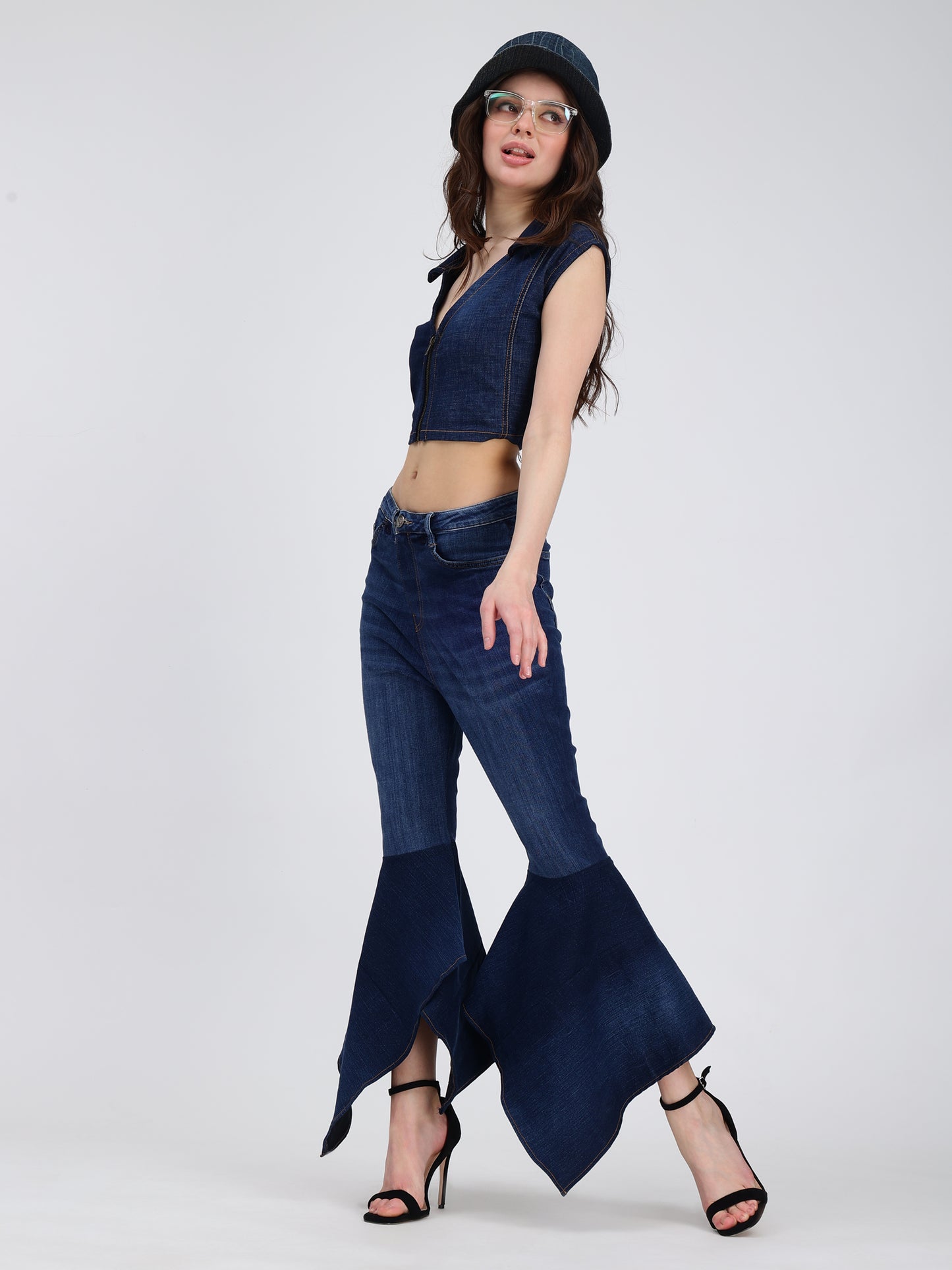 Front Zipper Dark Blue Denim Collar Top