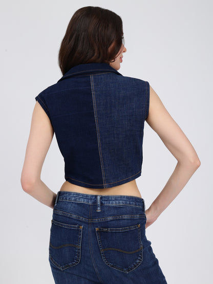 Front Zipper Dark Blue Denim Collar Top