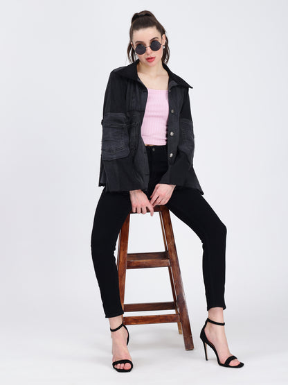 Black Patch Pocket Denim Jacket For Women