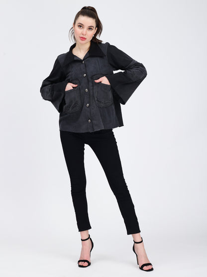 Black Patch Pocket Denim Jacket For Women