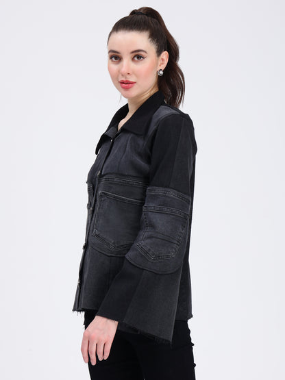 Black Patch Pocket Denim Jacket For Women