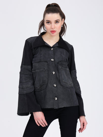 Black Patch Pocket Denim Jacket For Women