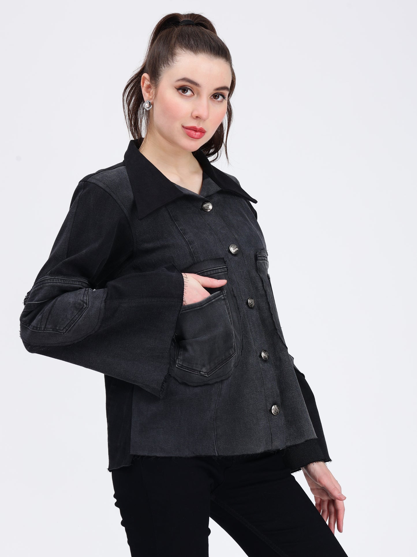 Black Patch Pocket Denim Jacket For Women