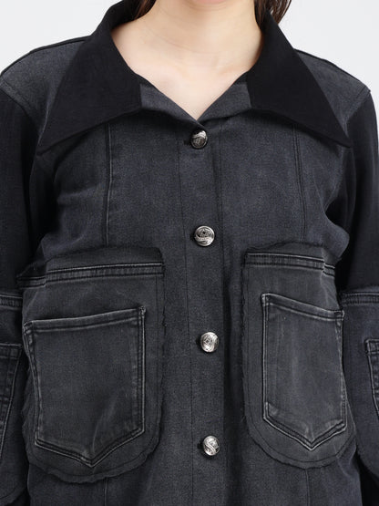 Black Patch Pocket Denim Jacket For Women