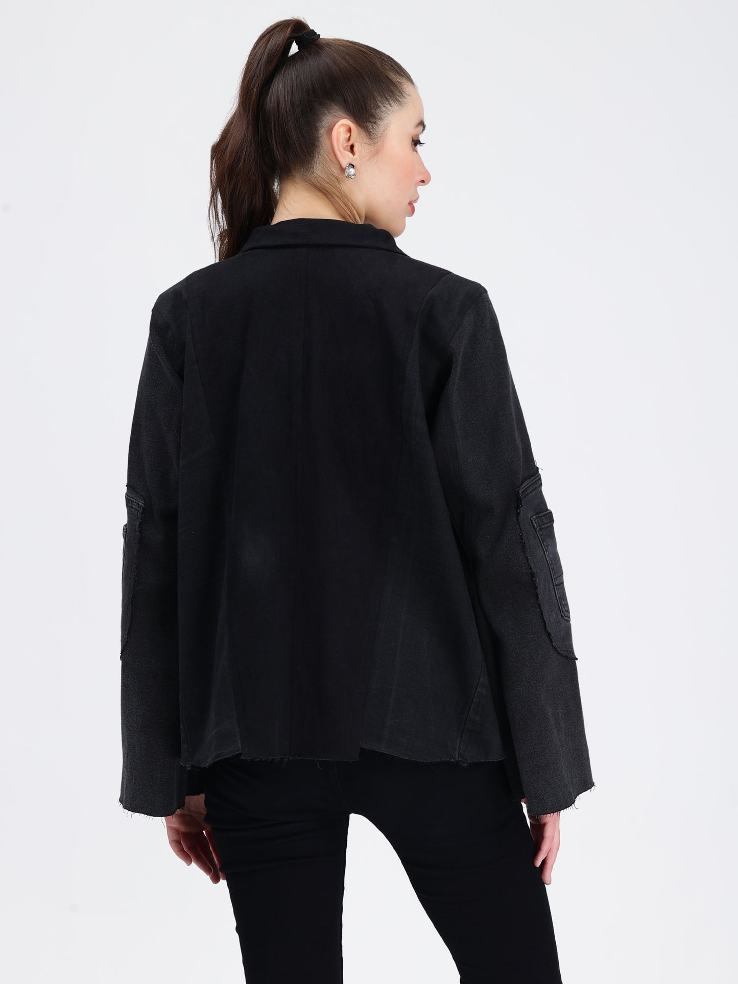 Black Patch Pocket Denim Jacket For Women