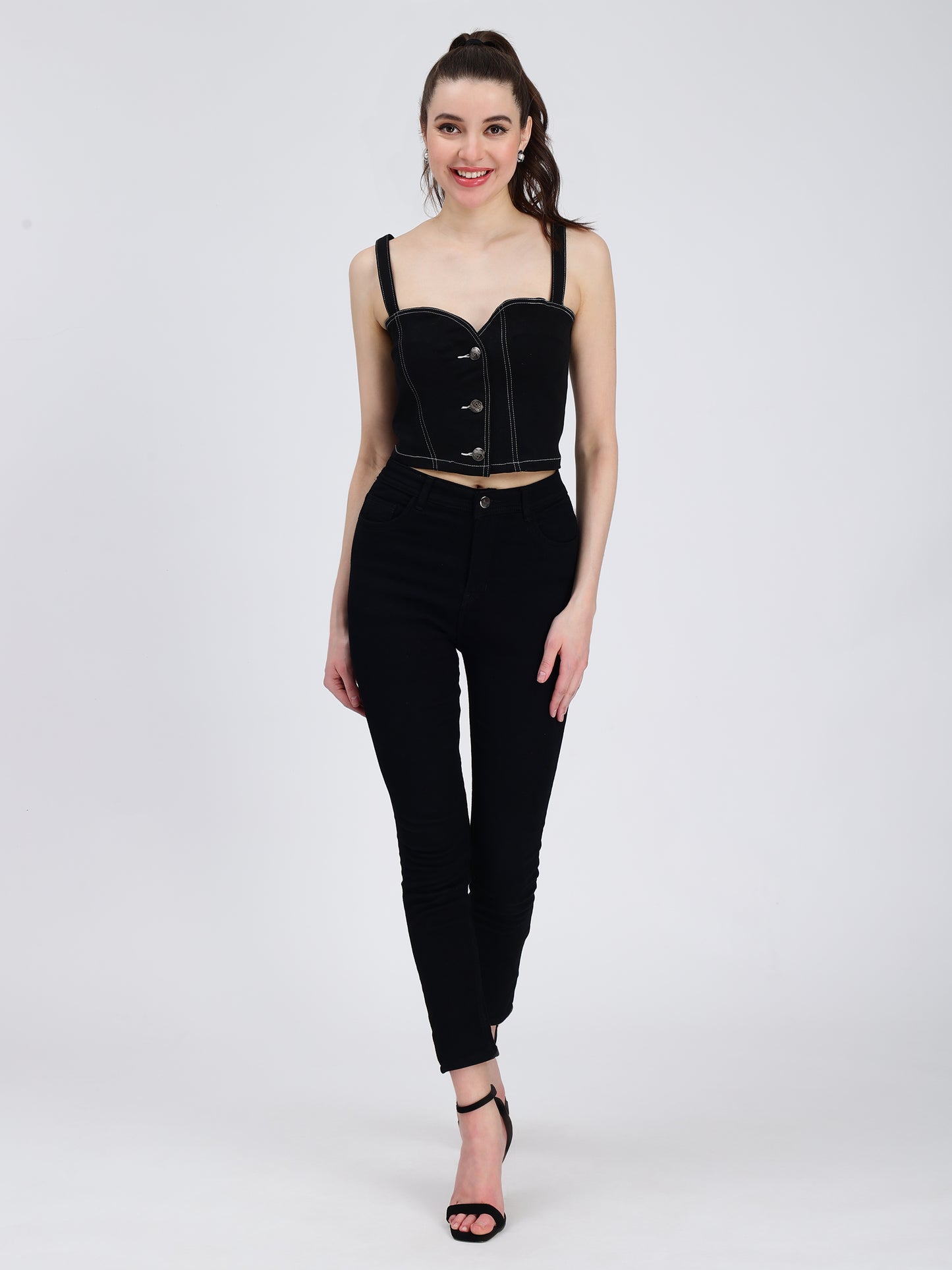 Sweatheart Top Neck Black Denim Top