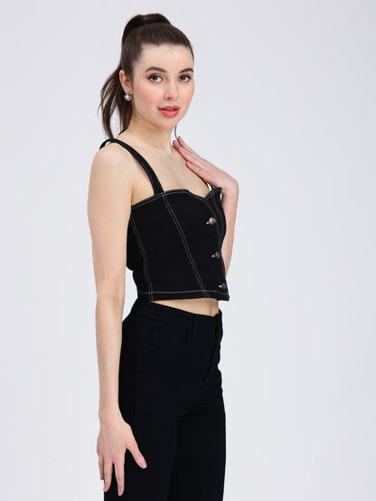 Sweatheart Top Neck Black Denim Top