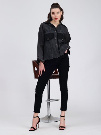 Bold Pocket Black Denim Jacket For Women