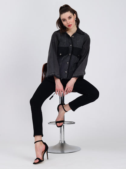 Bold Pocket Black Denim Jacket For Women