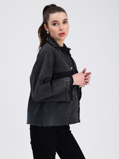 Bold Pocket Black Denim Jacket For Women