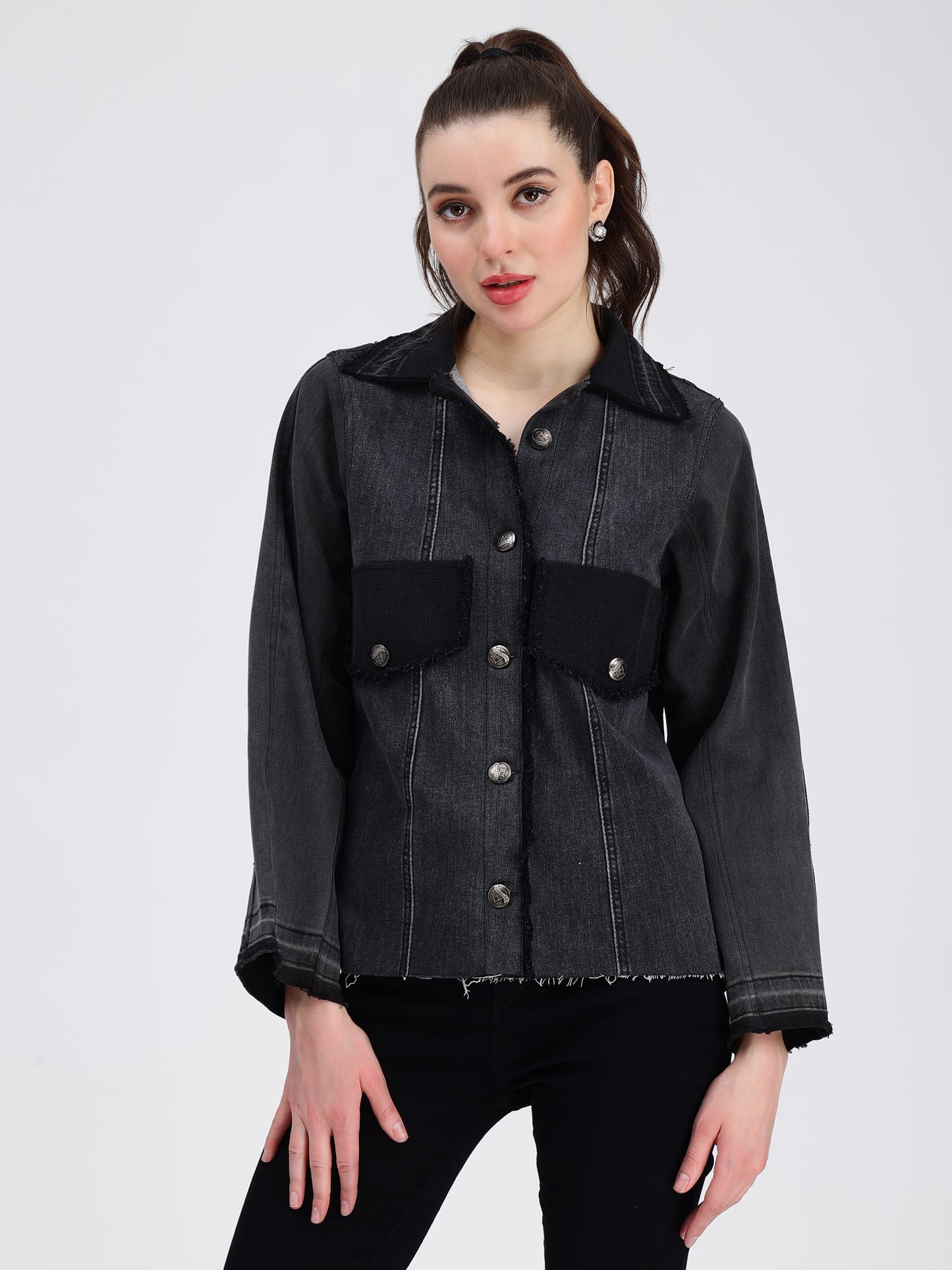 Bold Pocket Black Denim Jacket For Women