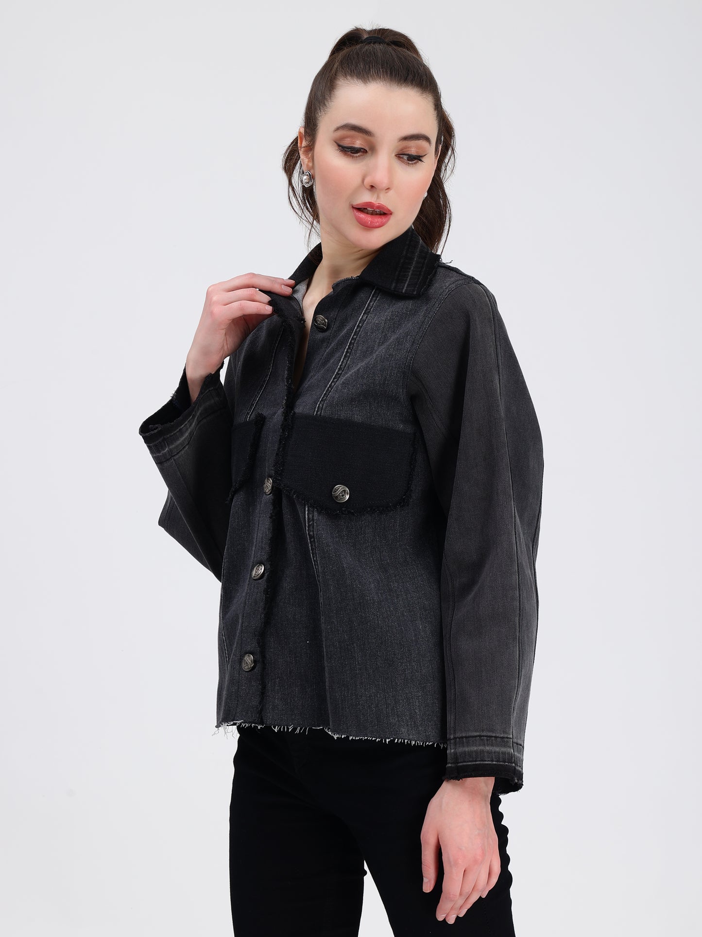 Bold Pocket Black Denim Jacket For Women