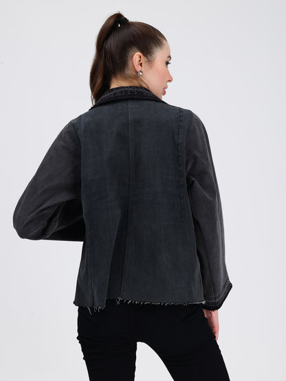 Bold Pocket Black Denim Jacket For Women