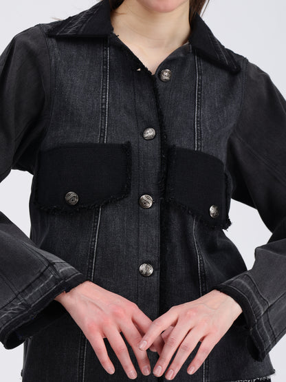 Bold Pocket Black Denim Jacket For Women