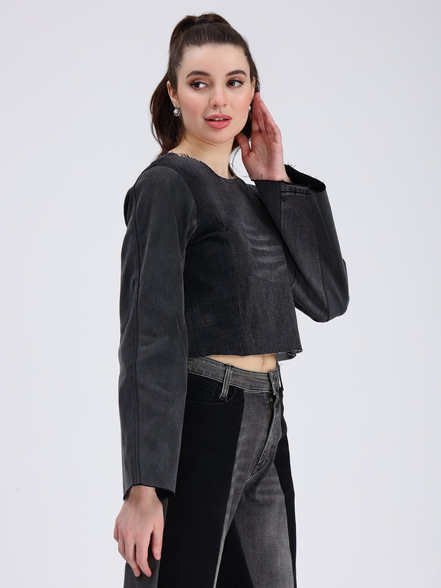 Round Neck Black Denim Top