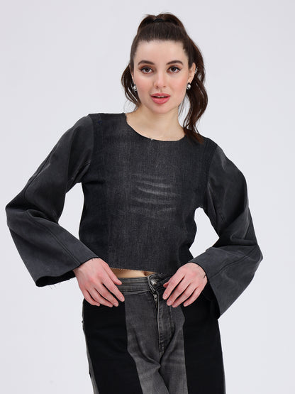 Round Neck Black Denim Top