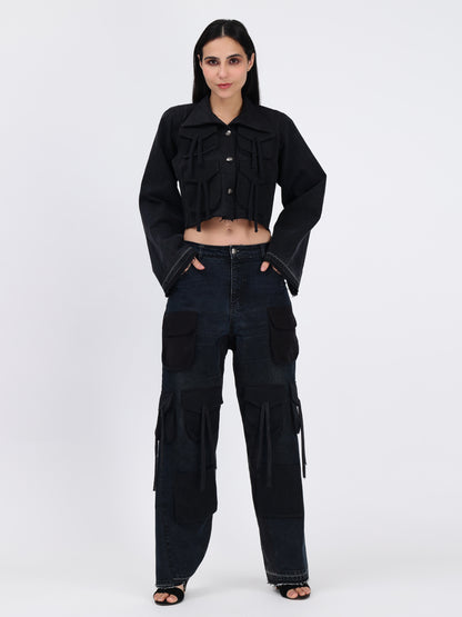 Box Pocket Black Denim Jacket For Women