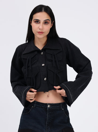 Box Pocket Black Denim Jacket For Women