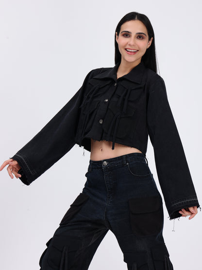 Box Pocket Black Denim Jacket For Women