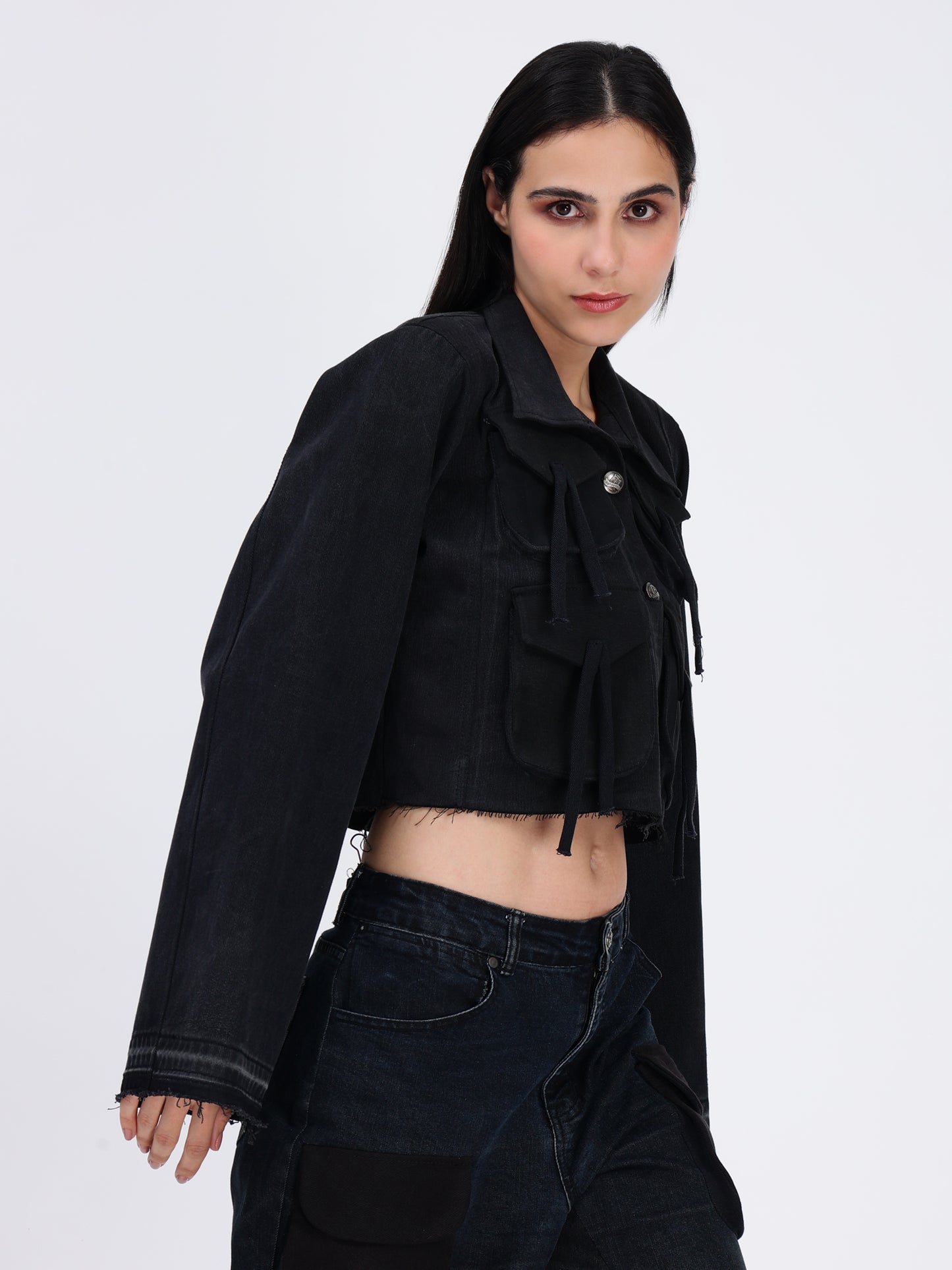 Box Pocket Black Denim Jacket For Women