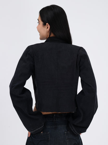 Box Pocket Black Denim Jacket For Women