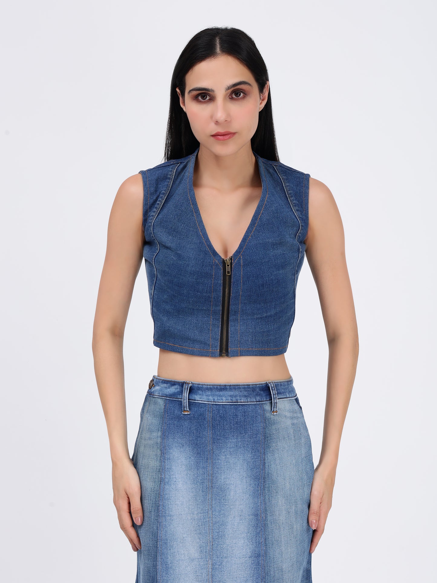 Front Zipper Crop Denim Top