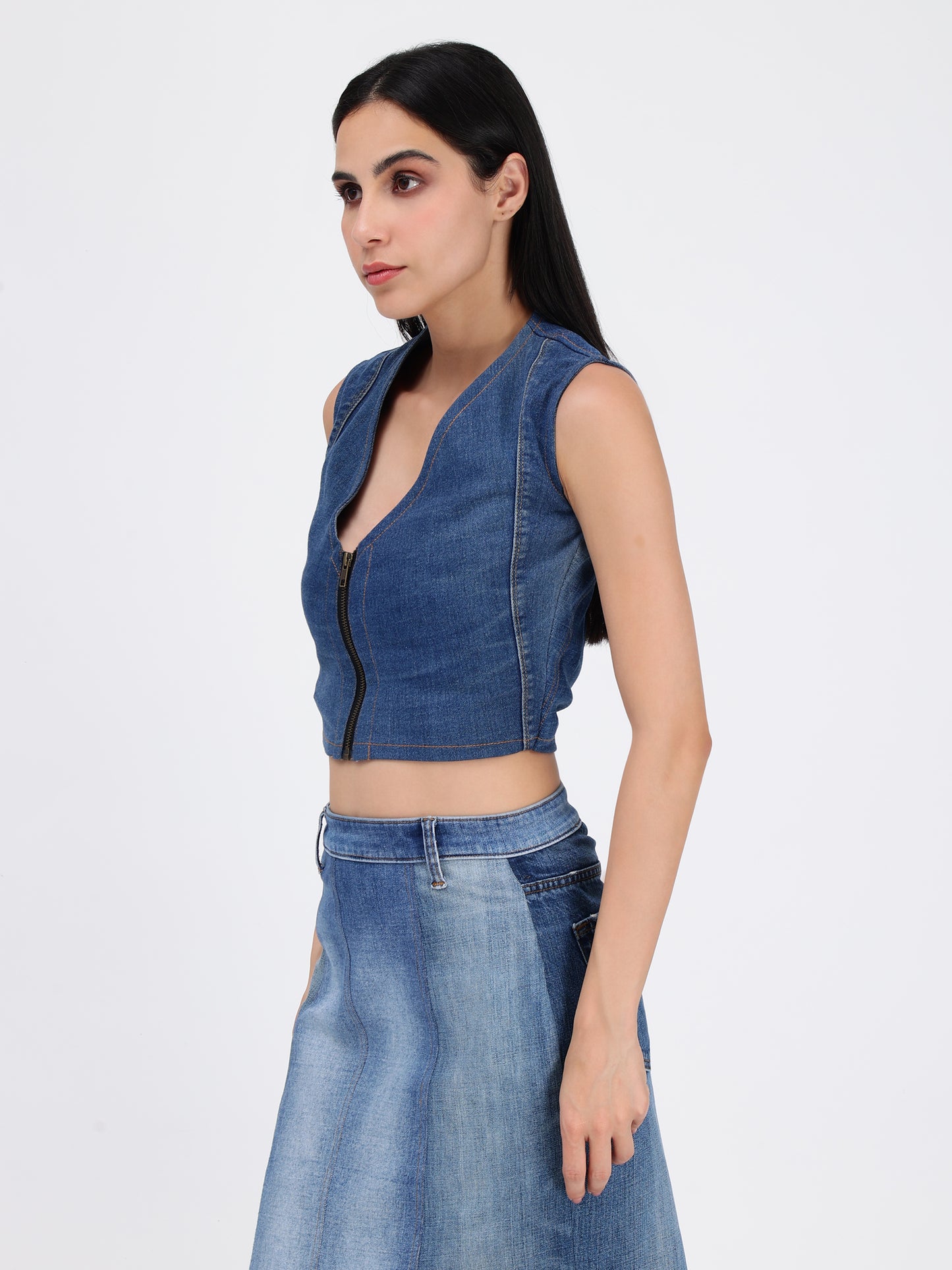 Front Zipper Crop Denim Top