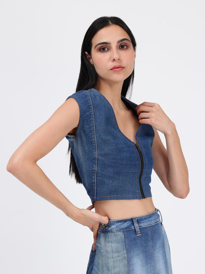 Front Zipper Crop Denim Top