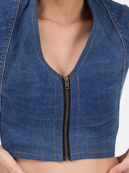 Front Zipper Crop Denim Top