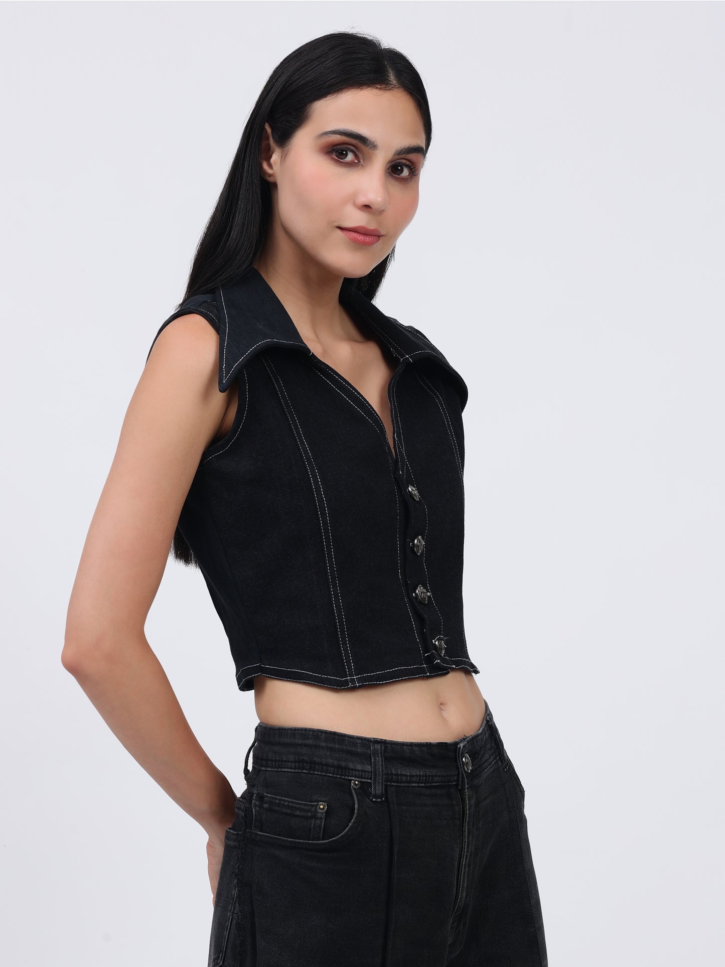 Button Down Black Denim Top