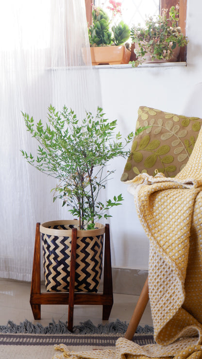 Bamboo Planter with Stand Zig Zag Blue / Medium