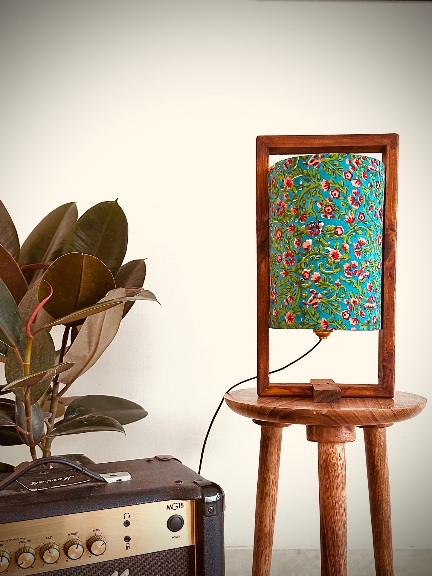 The Plus Table Lamp Peacock Green Floral Print Wooden